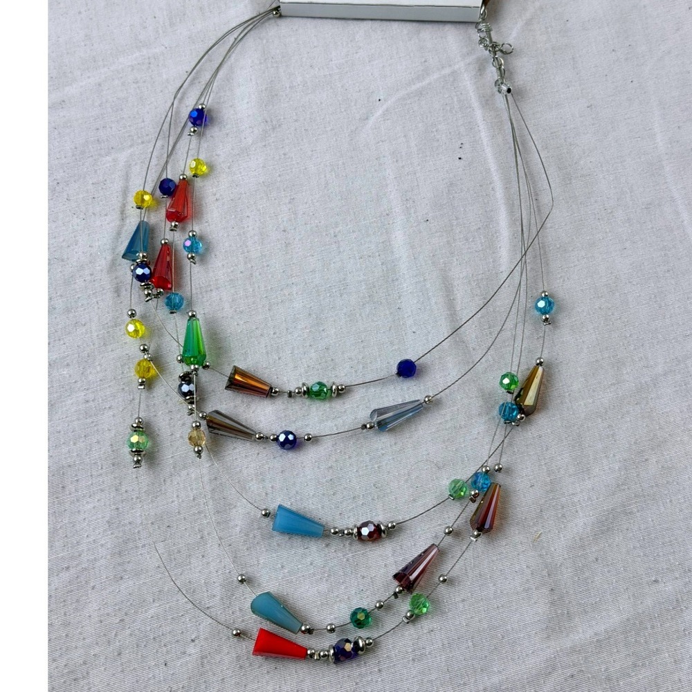New w/ Tag Multi Strand Illusion Necklace Beaded Silver Tone Boho Cottage Floral
